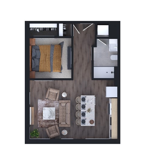 A top-down view of a room with a bed, a couch, a coffee table, and a dining table.